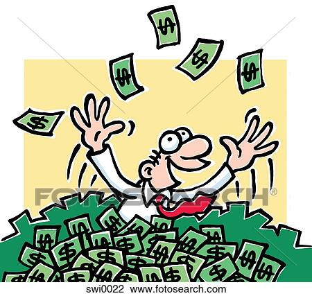 Drawing - A cartoon drawing of a man immersed in money throwing it above his head. Fotosearch