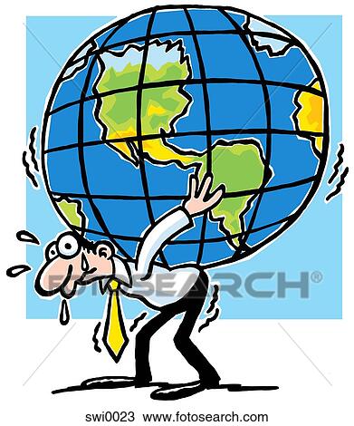 Drawing - A cartoon drawing of a man struggling to hold a large world globe. Fotosearch