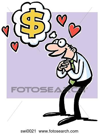 Clip Art - A cartoon drawing of a man with a cloud above his head with a dollar symbol in it and hearts. Fotosearch