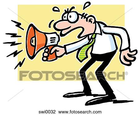 Drawing - A cartoon drawing of a man yelling into a megaphone. Fotosearch