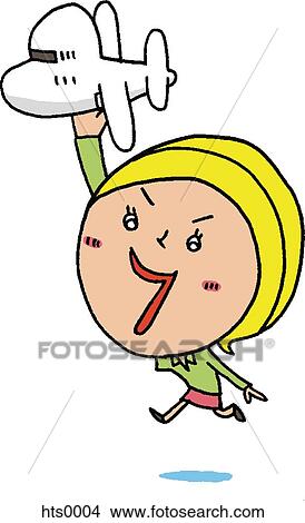 Stock Illustration - A cartoon illustration of a boy playing with an airplane. Fotosearch