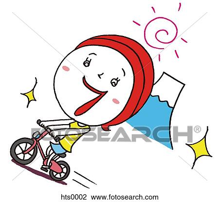 Drawing - A cartoon illustration of a boy riding a bicycle. Fotosearch