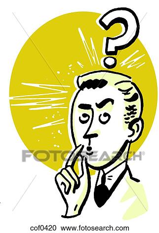 A cartoon style drawing of a businessman with a large question mark looming above View Large Illustration Clipart - A cartoon style drawing of a businessman with a large question mark looming above. Fotosearch