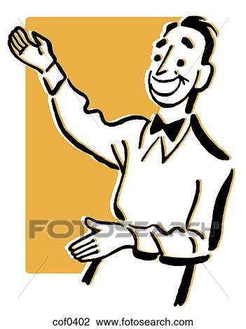Drawing - A cartoon style drawing of a host directing guests. Fotosearch