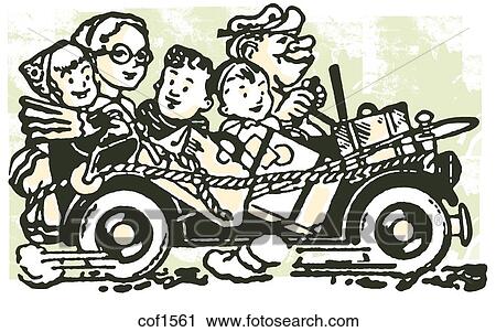 Clip Art - A cartoon style image of a car packed full of family and bags set for vacation. Fotosearch