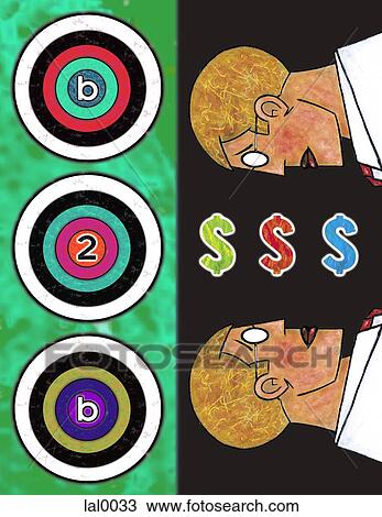 Drawing - A collage consisting of a grid, two male figures, B 2 B, dollar symbols and a world globe. Fotosearch