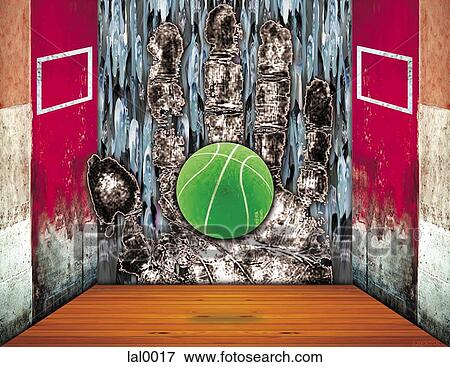Stock Illustration - A collage illustration of a hand print with a basket ball suspended in front. Fotosearch
