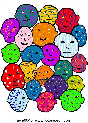 Clipart - A collection of faces covered in different colors and patterns. Fotosearch