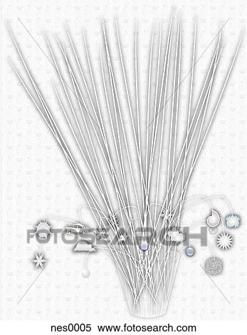 Stock Illustration - A collection of hung decorations in a vase backed with a decorative pattern in grey. Fotosearch