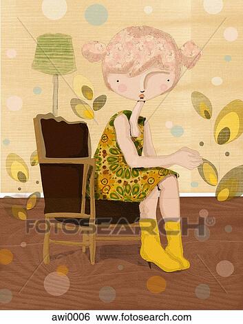 Stock Illustration - A college of a young girl in a retro room. Fotosearch