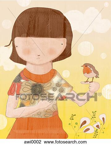 Drawing - A college of a young girl with a small robin. Fotosearch