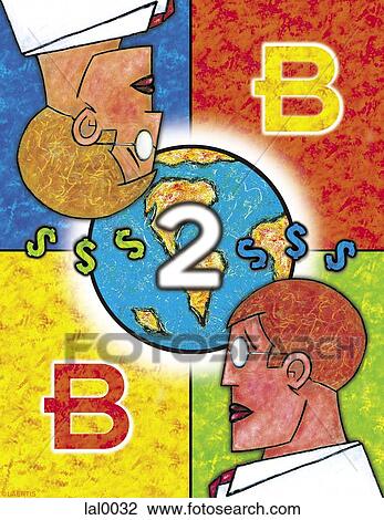 Drawing - A colorful collage consisting of a grid, two male figures, B 2 B, dollar symbols and a world globe. Fotosearch