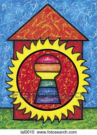 Clipart - A colorful drawing of a house with an over sized key hole. Fotosearch