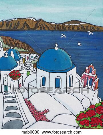 A colorful painting depicting the cliffs of Santorini Greece View Large Illustration Clipart - A colorful painting depicting the cliffs of Santorini Greece. Fotosearch