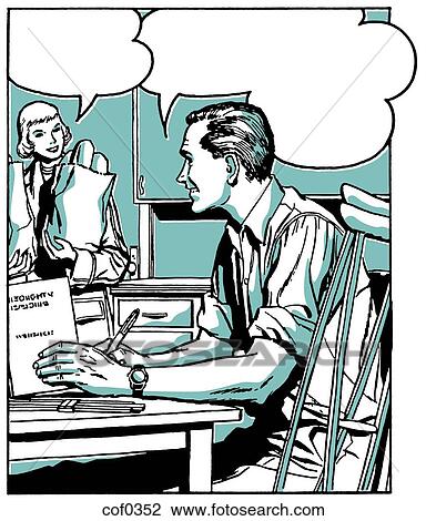Drawing - A comic style illustration of a man at a desk talking to a woman in the background. Fotosearch