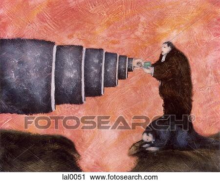 Clip Art - A conceptual illustration of a mechanical looking arm passing an object to a small man over a gorge. Fotosearch