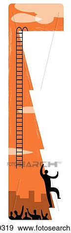 Stock Illustration - A crowd cheering on a man climbing a cliff face to reach a ladder. Fotosearch