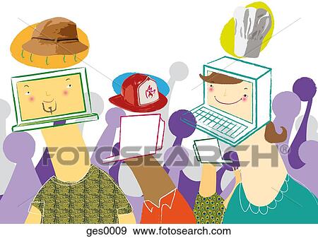 Stock Illustration - A crowd of people who have laptop shaped heads. Fotosearch