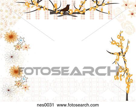 A decorative page made up of a bird sitting on a tree branch, a tree covered in flowers and an array of different types and shapes of flowers scattered across the canvas View Large Illustration Clip Art - A decorative page made up of a bird sitting on a tree branch, a tree covered in flowers and an array of different types and shapes of flowers scattered across the canvas. Fotosearch