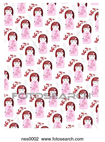 A decorative pattern repeating Japanese dolls and flowers in pink and red View Large Illustration Drawing - A decorative pattern repeating Japanese dolls and flowers in pink and red. Fotosearch
