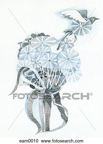 Clipart - A drawing created with fine detail in blue and black depicting a bouquet of flowers and a flying bird. Fotosearch