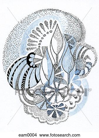 Stock Illustration - A drawing created with fine detail in blue and black consisting of different floral arrangements. Fotosearch