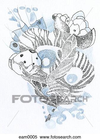 Stock Illustration - A drawing created with fine detail in blue and black consisting of different floral arrangements. Fotosearch