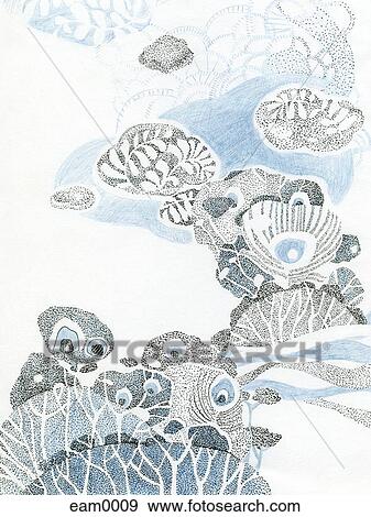Stock Illustration - A drawing created with fine detail in blue and black depicting nature. Fotosearch
