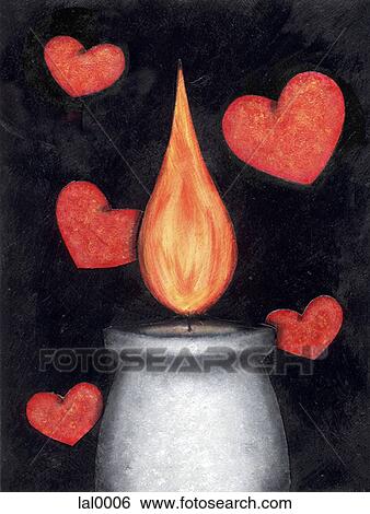 A drawing of a burning candle with hearts in the background View Large Illustration Stock Illustration - A drawing of a burning candle with hearts in the background. Fotosearch