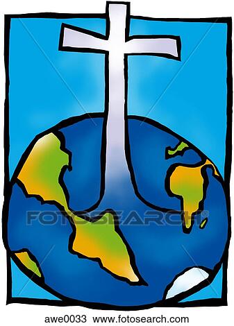 A drawing of a cross emerging from the earth or a world globe View Large Illustration Drawing - A drawing of a cross emerging from the earth or a world globe. Fotosearch