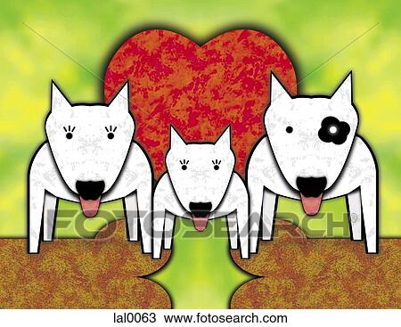 Drawing - A drawing of a family of three dogs standing on over sized bones with a red heart in the background. Fotosearch