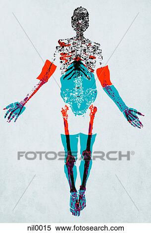Stock Illustration - A drawing of a human figure with details of muscle, tendons and bones made up of electric shapes and pattern. Fotosearch