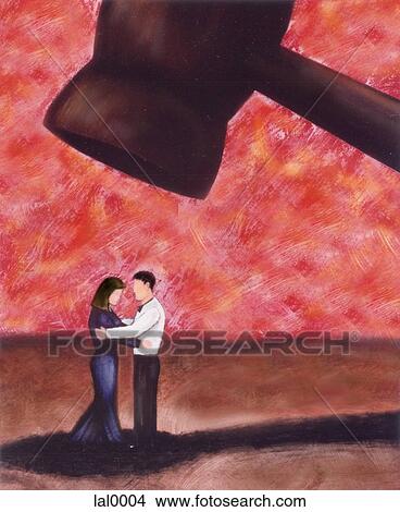 Stock Illustration - A drawing of a man and woman underneath a large hammer. Fotosearch