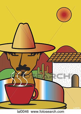 Stock Illustration - A drawing of a man in Mexico drinking a hot drink. Fotosearch