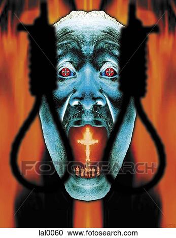 A drawing of a satanic like figure with a burning crucifix in their mouth and two rope nooses in the foreground View Large Illustration Clipart - A drawing of a satanic like figure with a burning crucifix in their mouth and two rope nooses in the foreground. Fotosearch