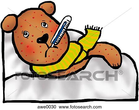 A drawing of a teddy bear sick in bed covered in red dots View Large Illustration Clipart - A drawing of a teddy bear sick in bed covered in red dots. Fotosearch
