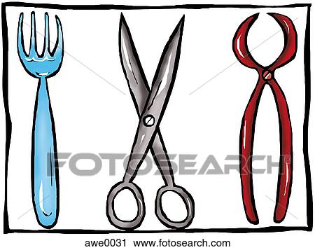 A drawing of a tray of utensils including scissors and a fork View Large Illustration Clip Art - A drawing of a tray of utensils including scissors and a fork. Fotosearch