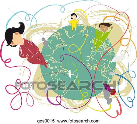A drawing of a world globe with a number of figures scattered across it, coupled with swirling ribbon shapes View Large Illustration Stock Illustration - A drawing of a world globe with a number of figures scattered across it, coupled with swirling ribbon shapes. Fotosearch