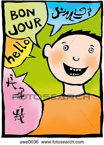 A drawing of a young boy and speech bubbles expressing hello in different languages View Large Illustration Stock Illustration - A drawing of a young boy and speech bubbles expressing hello in different languages. Fotosearch