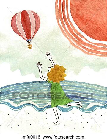 A Drawing Of A Young Girl Chasing A Hot Air Balloon On The Beach