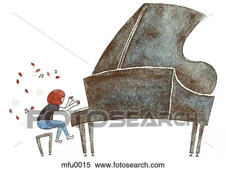 Stock Illustration - A drawing of a young girl playing the piano intensely. Fotosearch