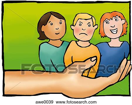 Stock Illustration - A drawing of an extended hand with three children all expressing different emotions. Fotosearch