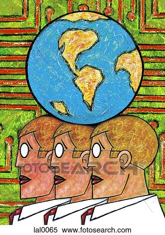 Stock Illustration - A drawing of three businessmen in a line with a large world globe suspended above them. Fotosearch