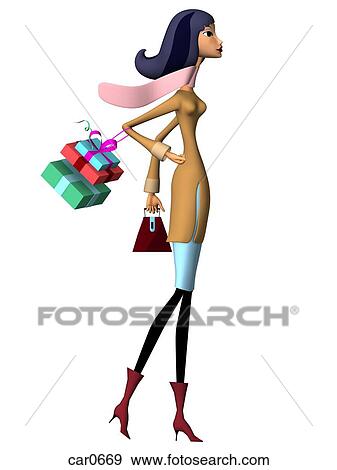 Stock Illustration - A fashionable young woman with many shopping bags drawn in a 3D style. Fotosearch