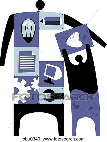 Clipart - A figure made up of numerous parts including a light bulb, cogs, and pencil with another figure placing a heart. Fotosearch