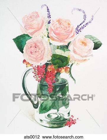 Drawing - A glass jug filled with pink roses and lavender. Fotosearch