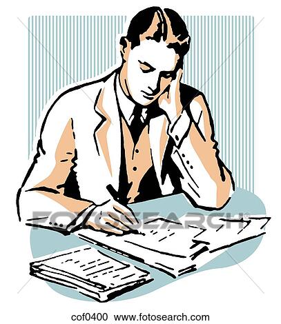 Clipart - A graphic illustration of a business man working hard at his desk. Fotosearch