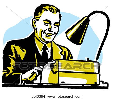 Stock Illustration - A graphic illustration of a business man working hard at a typewriter. Fotosearch