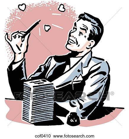 A graphic illustration of man sitting at his desk with an ink pen and large pile of letters View Large Illustration Clipart - A graphic illustration of man sitting at his desk with an ink pen and large pile of letters. Fotosearch