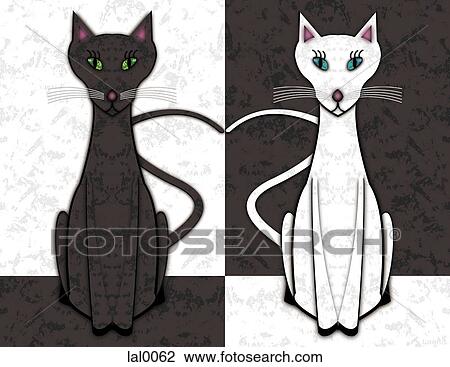 A graphical juxtaposition of two black and white cats in opposite coloring View Large Illustration Drawing - A graphical juxtaposition of two black and white cats in opposite coloring. Fotosearch